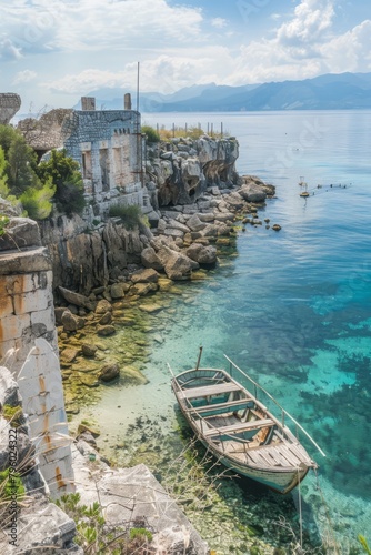 Picture yourself standing on the windswept cliffs overlooking the ruins of an ancient harbor  where weathered docks and of maritime glory  Genenrative AI