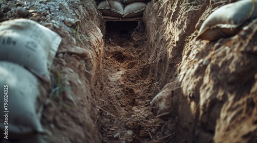 A trench filled with sandbags