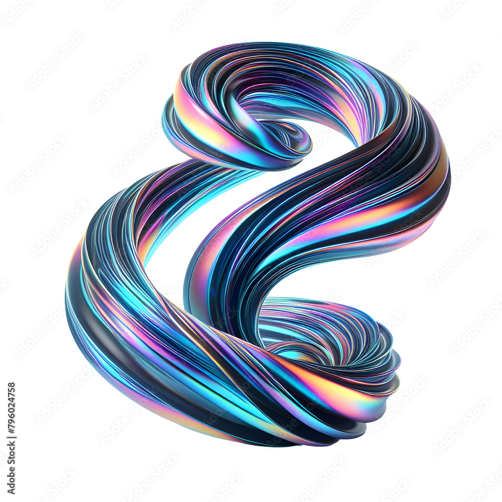 Holographic twisted liquid 3d render glossy shape, transparent background