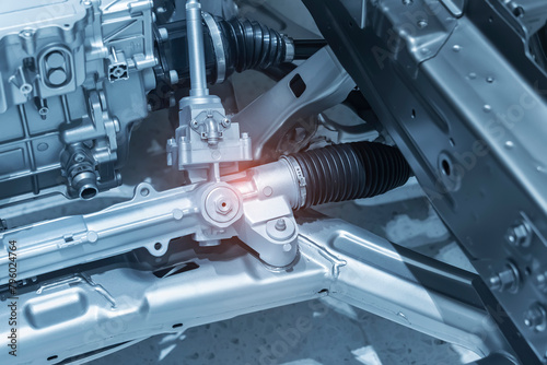 electric system of eco car front driving axle in the car, visible elements of the steering system