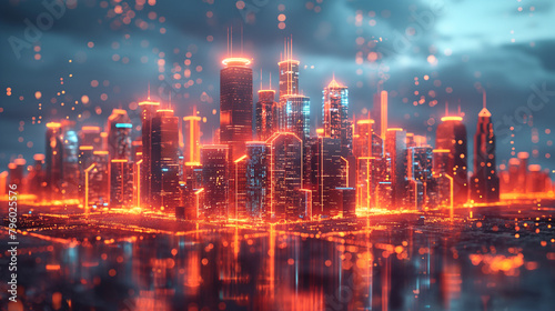 It showing a virtual environment of a city surrounded by data and animated graph overlaying the city sky as data cloud.