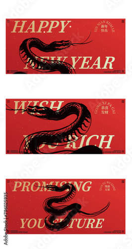 Traditional Chinese Year of the Snake illustration vector 2025  ink style  red envelope  Asian elements red and gold traditional style  Translation  Snake Zodiac 2025 Happy New Year 