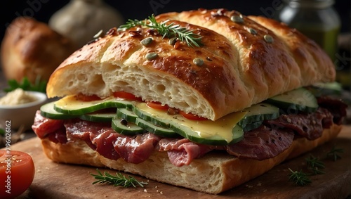 Photography scene of bread with wellproduced meat for well-produced to sell the product, Generated AI