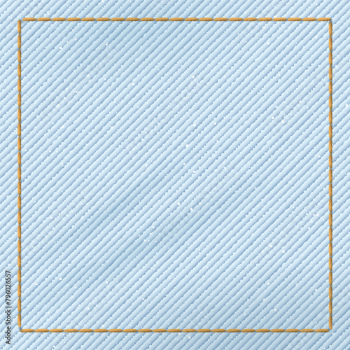 Denim blue jean light wash textile pattern on square background with gold seams border vector illustration.