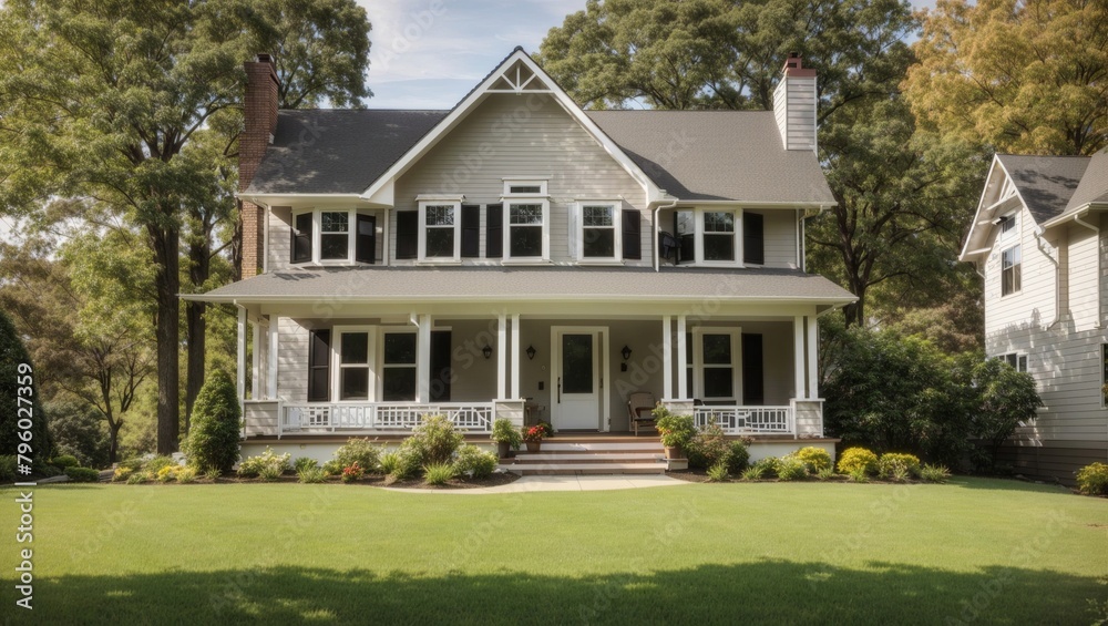 This image shows a large two-story house with a grey exterior and a green lawn in front. There is a porch with columns and a walkway leading up to the front door. There are trees and bushes on either 