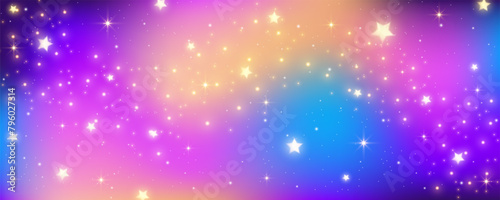Unicorn wavy fluid sky with stars. Gradient blurred background with sparkles. Pink and blue holographic fantasy wallpaper