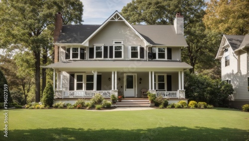 This image shows a large two-story house with a grey exterior and a green lawn in front. There is a porch with columns and a walkway leading up to the front door. There are trees and bushes on either  © Awais