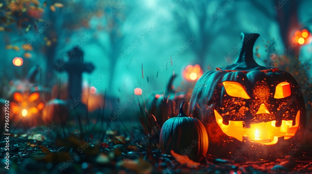 Fototapeta premium Halloween background with pumpkins and Graveyard - 3D render. Halloween background with Evil Pumpkin. Spooky scary dark Night forrest. Holiday event halloween banner background concept