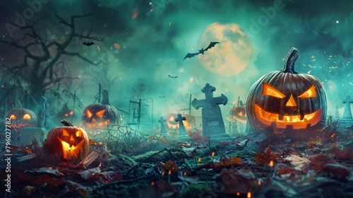 Halloween background with pumpkins and Graveyard - 3D render. Halloween background with Evil Pumpkin. Spooky scary dark Night forrest. Holiday event halloween banner background concept