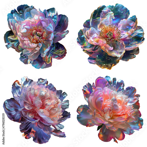 Set of metalic peony flower in vibrant gradient holographic neon colors isolated on transparent background