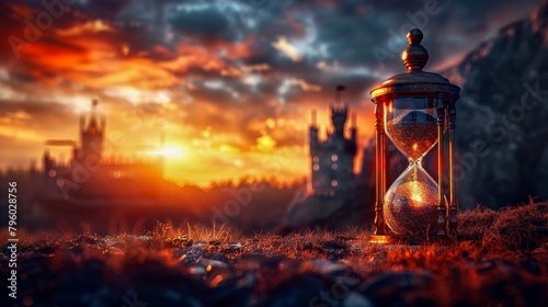 An hourglass on a rock in front of a castle at sunset