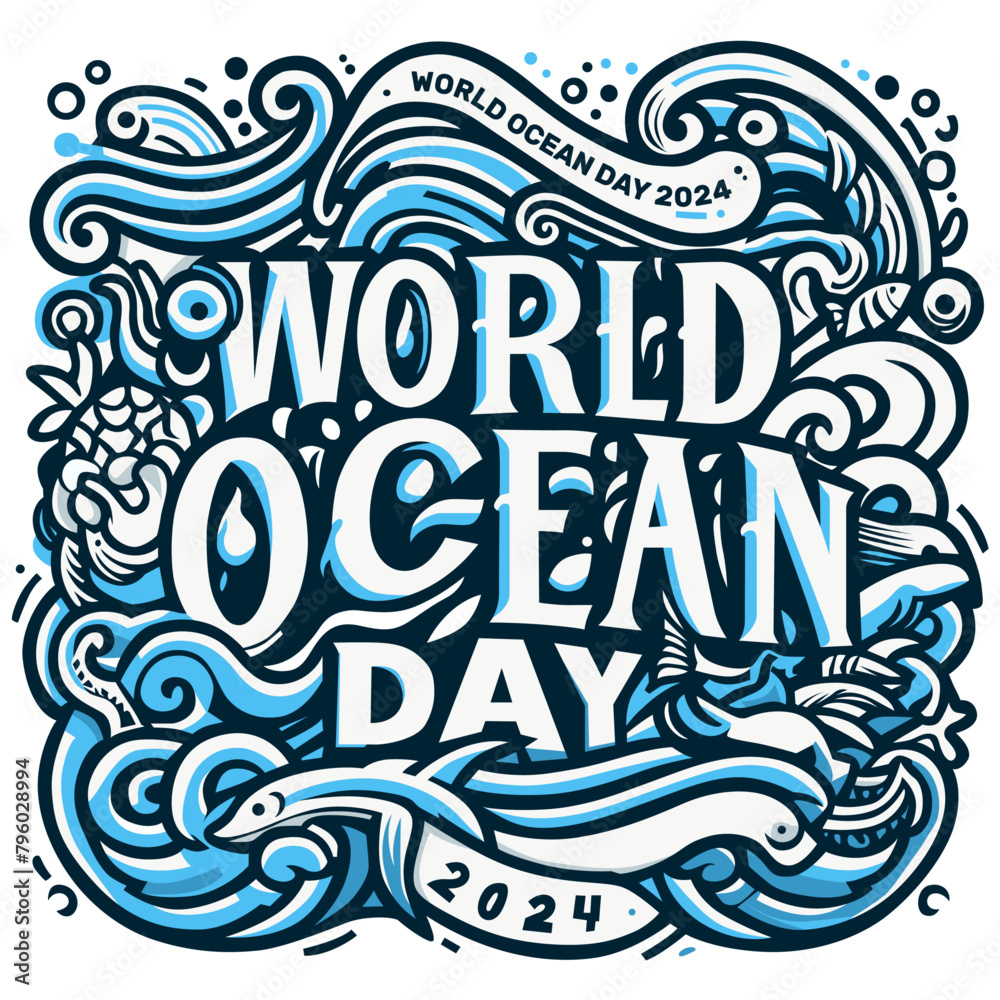 World Oceans Day 2024 typography t-shirt design.