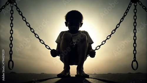 Illustration of silhouette innocent child sitting on the chain representing bullying and discrimination concept photo