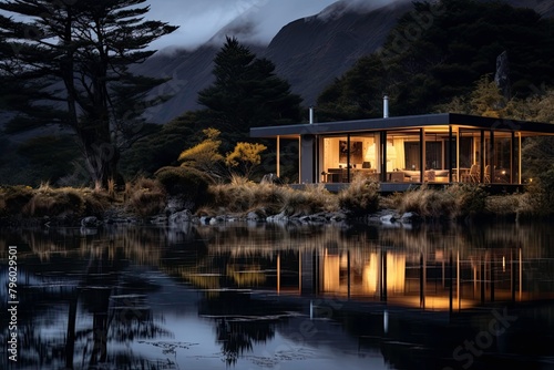 Lakefront Cabin Glowing at Twilight in Forest Setting