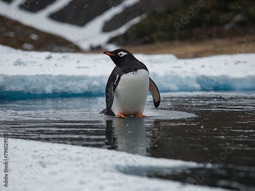 Cute little penguin on winter snow landscape