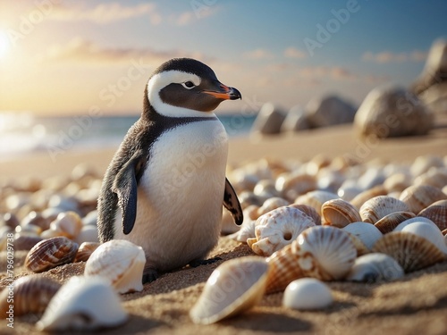 Cute little penguin on the beach playing with seashells.  photo