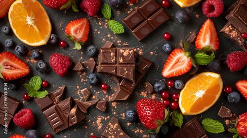 Assorted Dark Chocolate Bar with Fresh Berries and Mint Top View photo