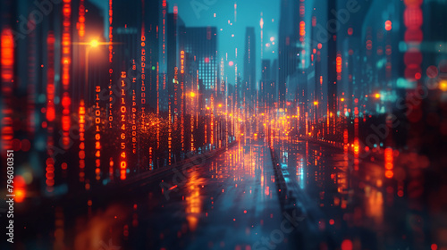 Financial chart on city scape with tall buildings background multi exposure. Analysis concept.