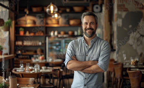 Happy adult man standing with his arms crossed in a cafe