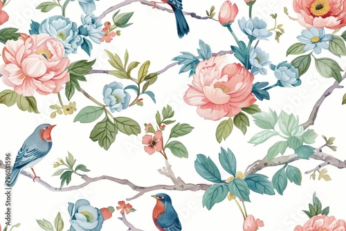 Seamless vintage watercolor with peonies and birds.