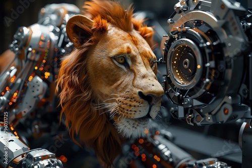 Capture the sleek  metallic sheen of a robotic arm delicately photographing a majestic lion from a unique high angle  showcasing its power and grace
