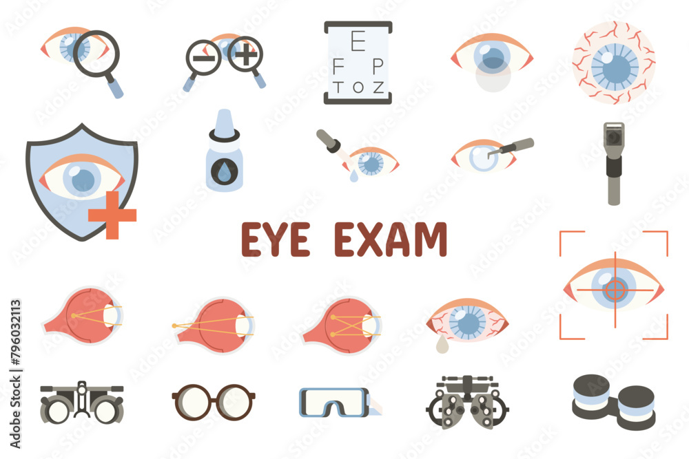 Eye Exam Flat Vector Illustration Icon Sticker Set Design Materials ...