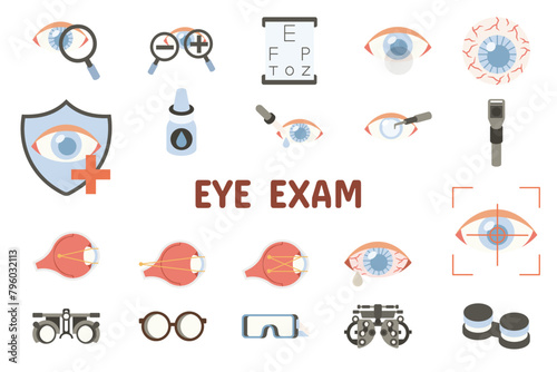 Eye Exam Flat Vector Illustration Icon Sticker Set Design Materials
