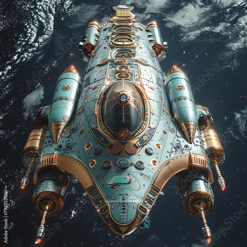 Fototapeta Naklejka Na Ścianę i Meble -  a rear view of a sleek, futuristic spaceship adorned with intricate clockwork gears from a classic steampunk novel, taken from an unexpected top-down birds eye perspective