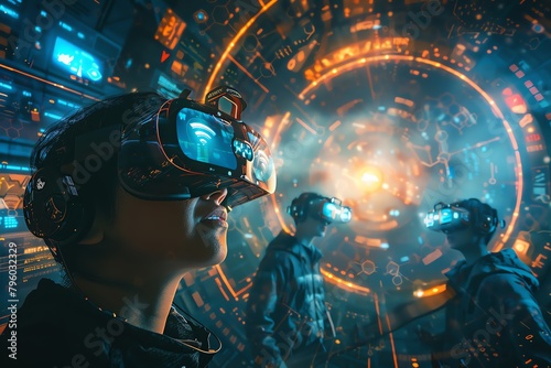 Craft a digital artwork showcasing a top-down perspective of a virtual reality hub, where individuals are depicted enjoying immersive digital experiences Integrate hidden symbols of financial graphs a photo