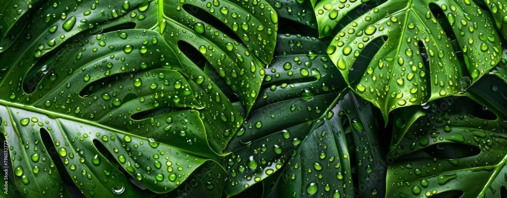 Fototapeta premium Monstera leaves with water drops on a dark background