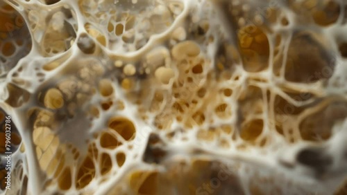 A microscopic view of a dense fungal mycelial network with varying thickness and textures of its fibrils creating a rich and intricate . AI generation. photo