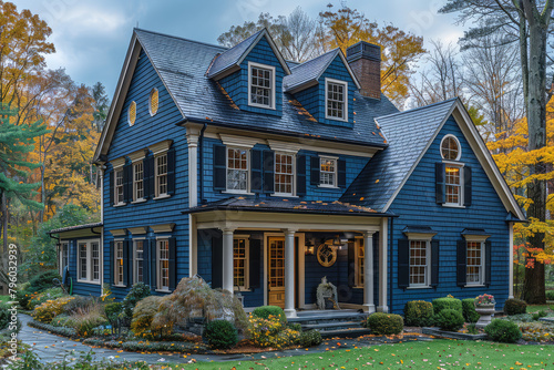 A photo of an elegant colonial-style house with deep blue colored wood siding, showcasing traditional windows and shutters, nestled in the lush greenery of New England during autumn. Created with Ai