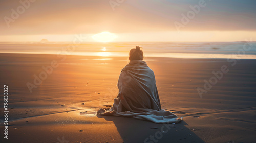 Morning Meditation: A Solitary Woman Figure Embraces Serenity at Sunrise on a Tranquil Beach - Image made using Generative AI