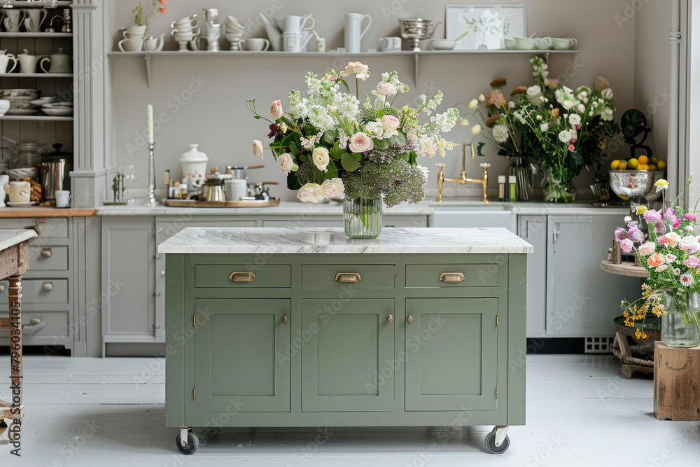A green kitchen island with a marble top, surrounded by vintage-style cabinets and a white floor. The scene includes flowers in vases on the counter