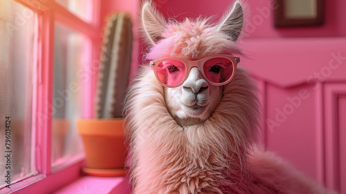Creative animal concept. Llama in sunglass shade gla photo