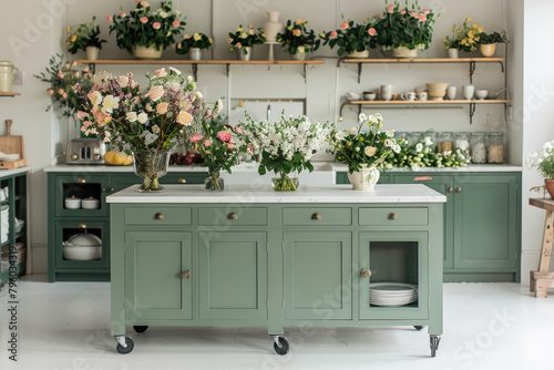 A green kitchen island with a marble top  surrounded by vintage-style cabinets and a white floor. The scene includes flowers in vases on the counter