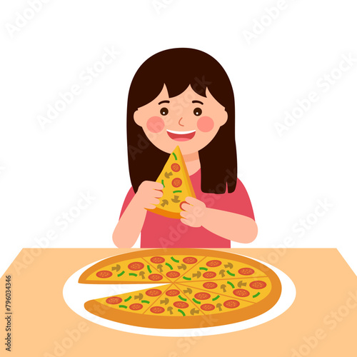 Girl kid enjoy eating pizza in flat design on white background.