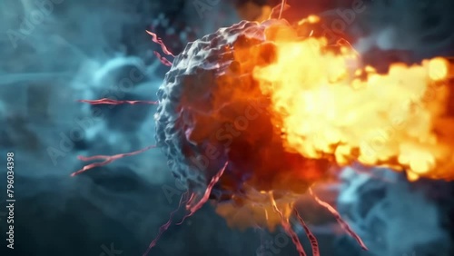 A photograph of a Tcell interacting with an cell injecting it with toxins to eliminate the virus. The Tcell appears to be bursting . AI generation.
