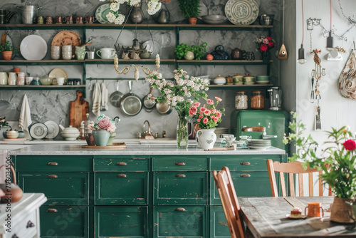 A green kitchen island with a marble top, surrounded by vintage-style cabinets and a white floor. The scene includes flowers in vases on the counter