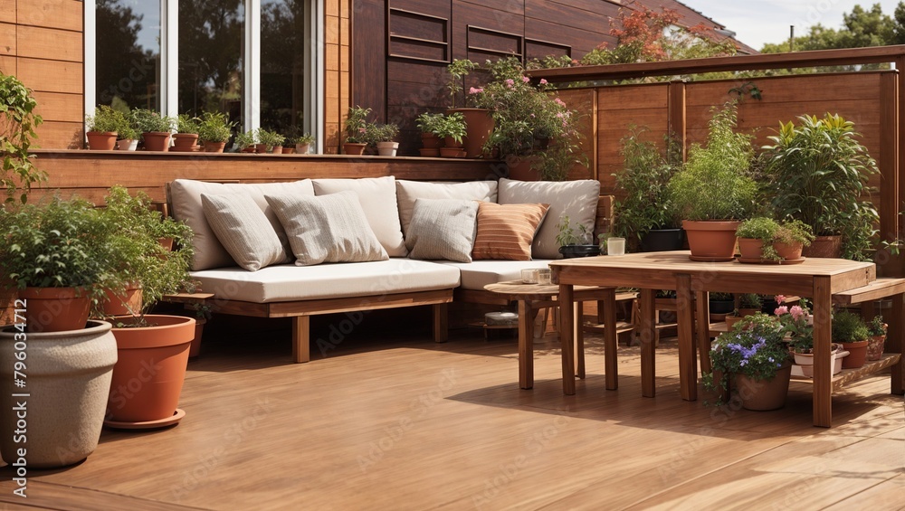 A wooden deck with a couch, table, and plants on it.