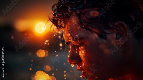 Beads of sweat trickle down a young man's face as he confronts the sun's blistering rays