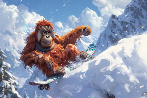 an orangutan surfing in the snow photo