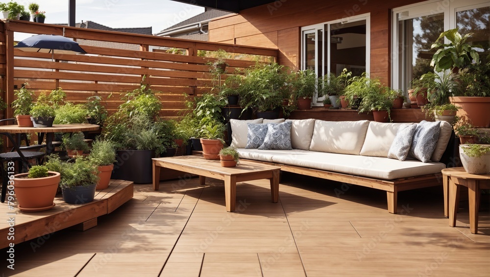 A wooden deck with a couch, table, and plants on it.