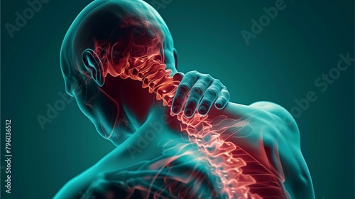 3D-rendered medical illustration showing shoulder, neck, and back anatomy, highlighting spine and skeletal structure