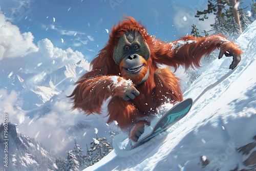 an orangutan surfing in the snow