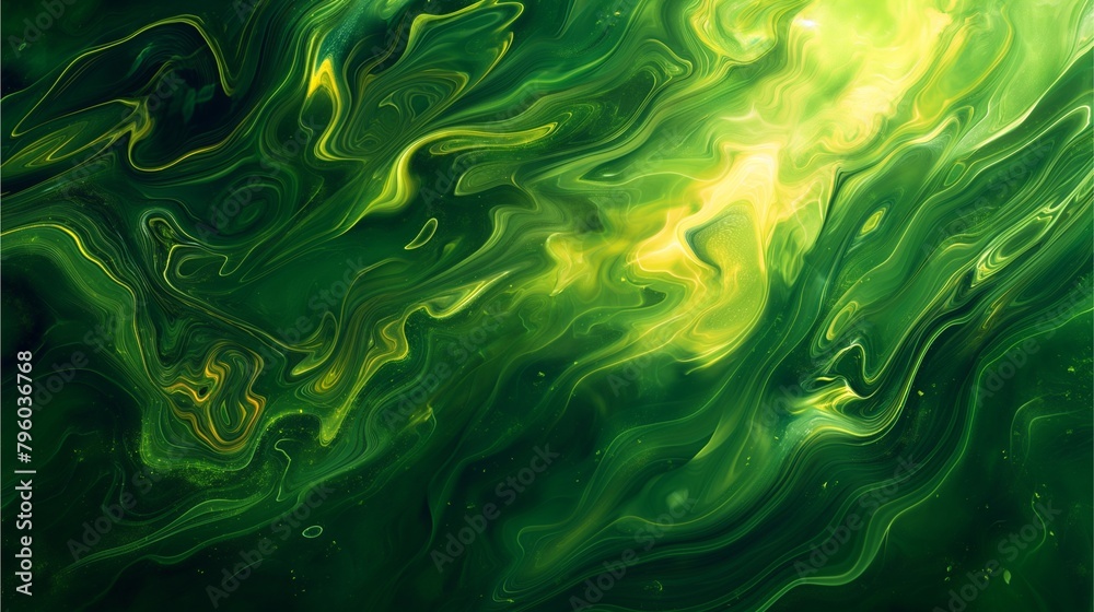 Fototapeta premium The abstract background of light yellow and dark emerald green, creating a captivating display of fluidity and intricate patterns reminiscent of flowing green liquid.