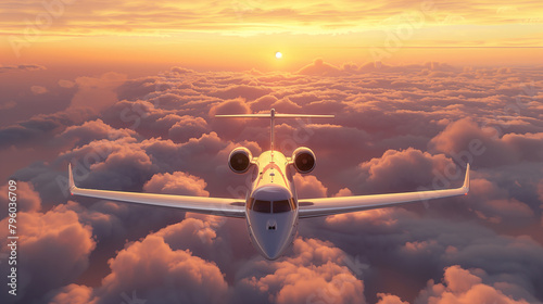 Commercial Airplane Flying Above Clouds at Sunset, Travel and Transportation Concept
