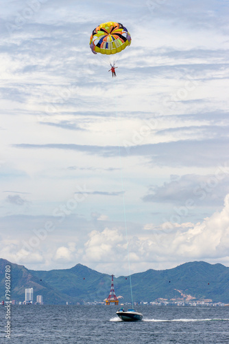 Beautiful Sea Coast Resort With Beach Activity Parasailing In Nha Trang Beach, Vietnam.