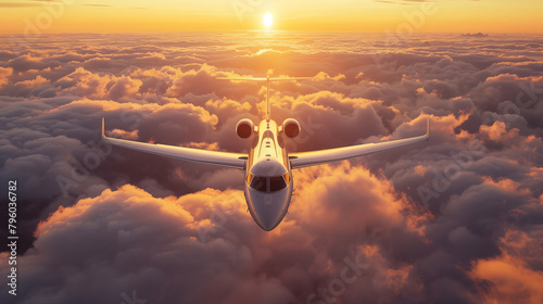 Commercial Airplane Flying Above Clouds at Sunset, Travel and Transportation Concept