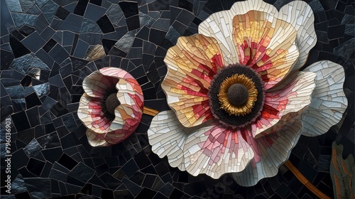 A white anemone blooms in mosaic  capturing its elegance in artful abstraction.